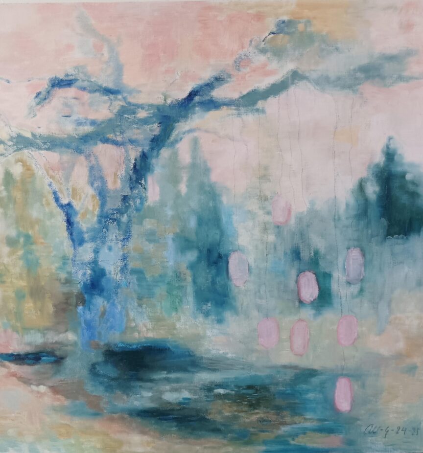 maalaus jossa sinistä ja vaaleanpunaista